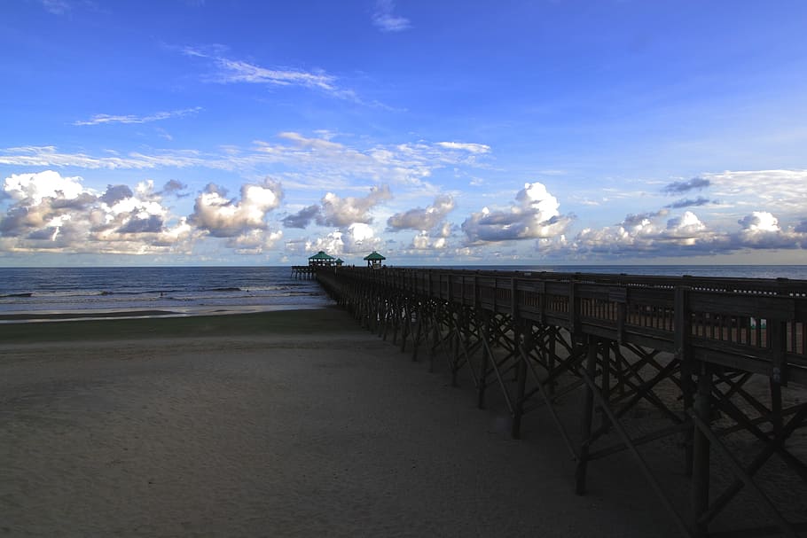 Pier, Folly, Dock, Beach, Sea, Shore, coast, sky, clouds, nature HD wallpaper