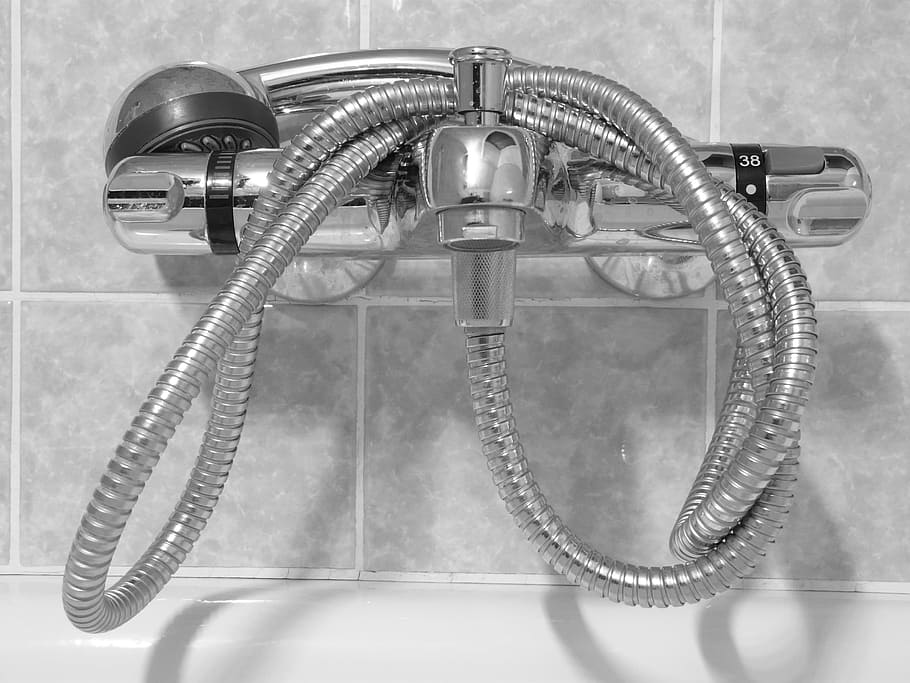 gray stainless steel faucet with shower head on gray wall, Valve