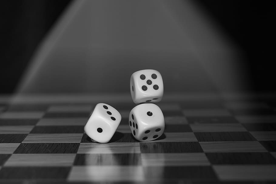 grayscale photo of three dices, roll the dice, craps, board game, HD wallpaper