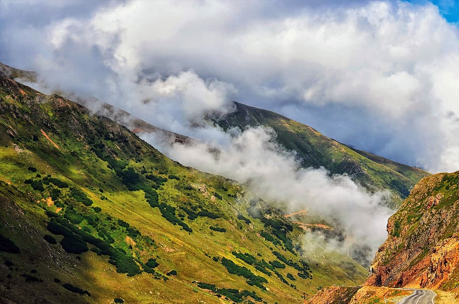 green mountain with white smoke at daytime, nature, panoramic HD wallpaper