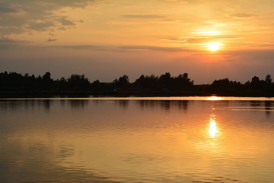 sunset, the sun, lake, sky, west, light, glow, water, reflection HD wallpaper