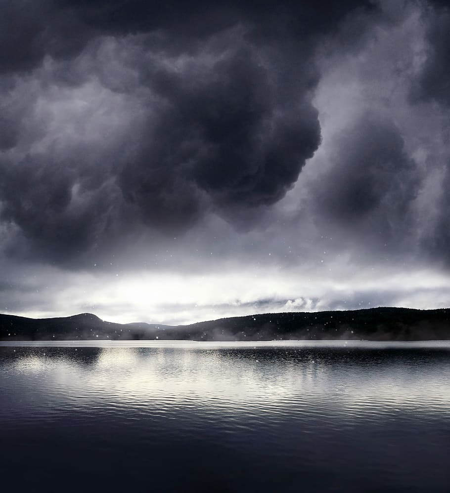 landscape photography of body of water, grayscale photo of clouds HD wallpaper
