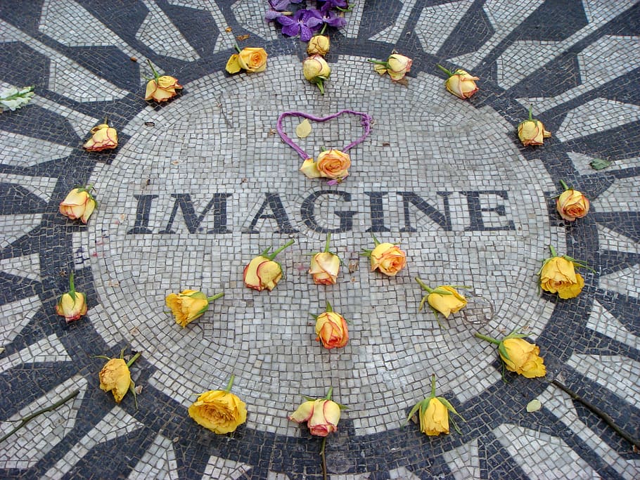 roses scattered on pavement, John Lennon, New York City, imagine