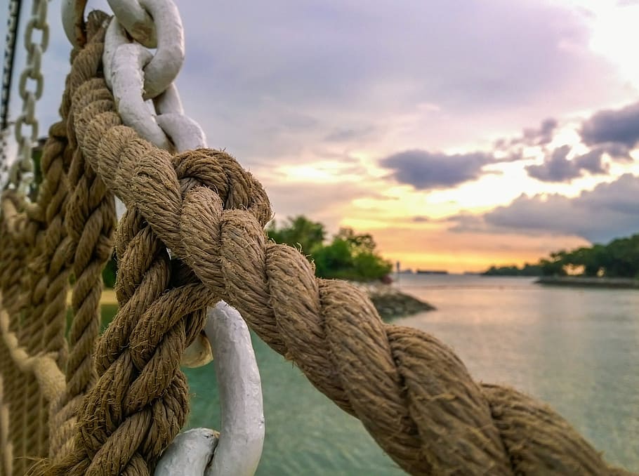 brown rope and white metal chain, sunset, outdoor, bridge, sky HD wallpaper