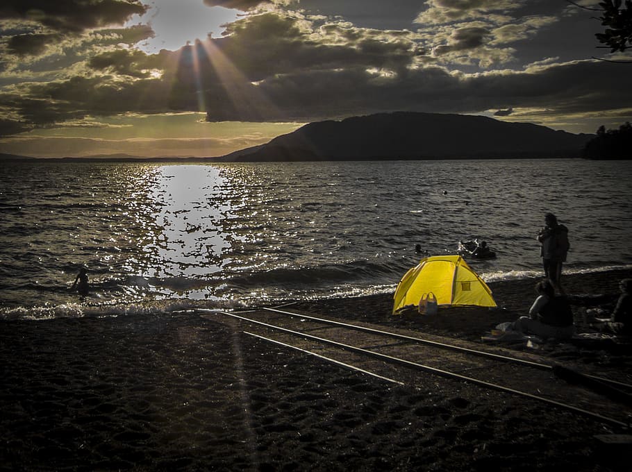 lake, sunset, nature, camping, south, landscape, tent, outdoors HD wallpaper