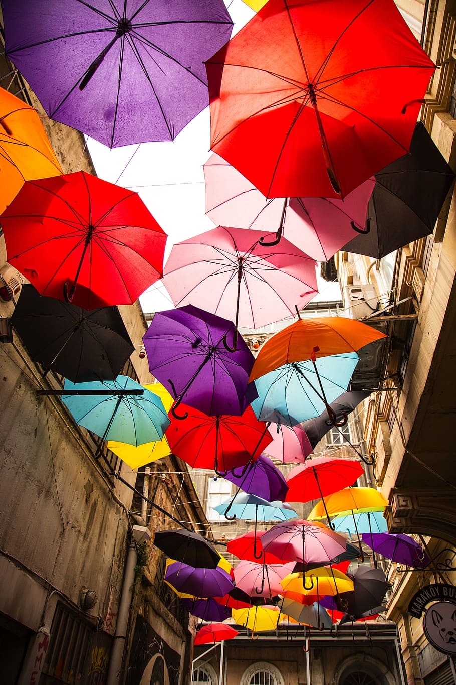 assorted-color umbrellas hanging on air, happiness, open, protection HD wallpaper