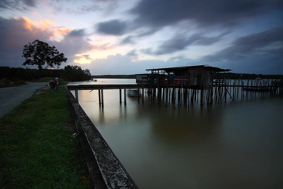 jetty, road, dawn, landscape, boardwalk, boat, bridge, clouds HD wallpaper