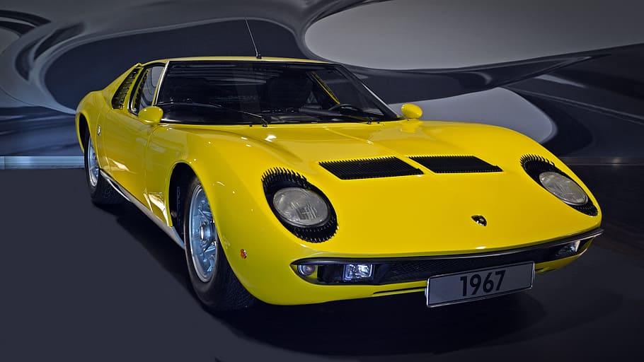 1967 yellow Lamborghini Miura coupe, sports car, auto, luxury, HD wallpaper
