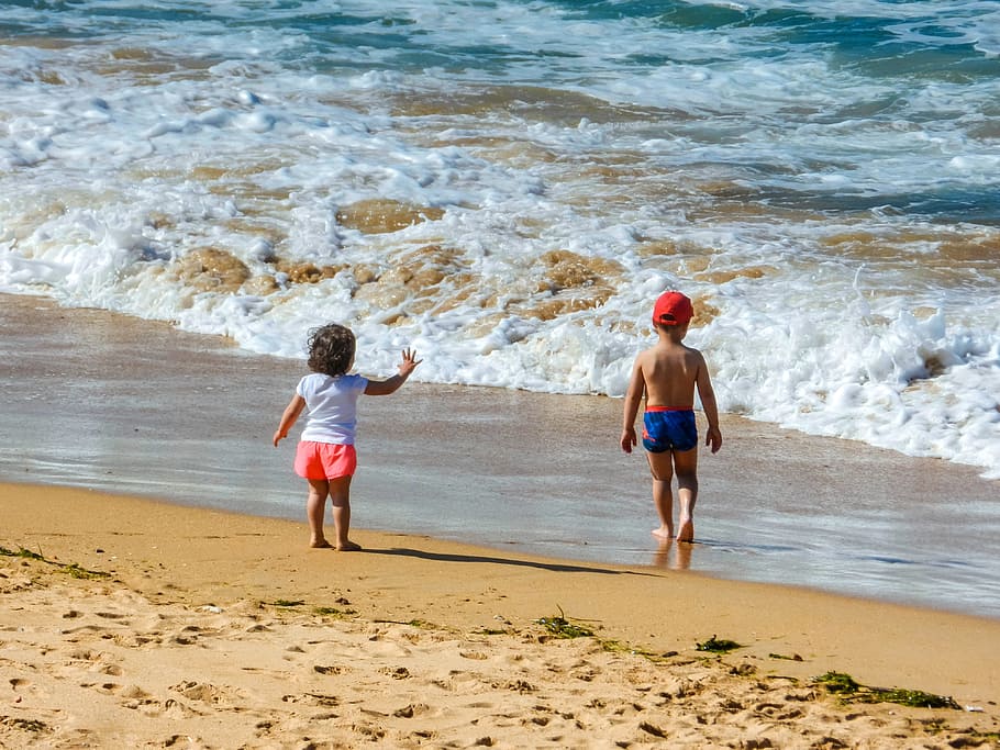 summer, beach, waves, children, holiday, sand, sea, sun, water HD wallpaper