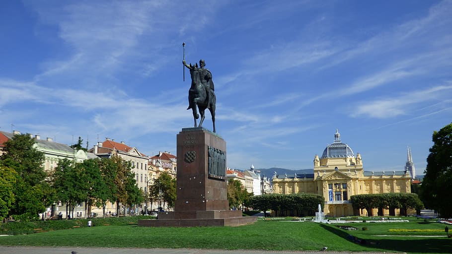 zagreb, croatia, king tomislav, statue, art, museum, pavilion, HD wallpaper