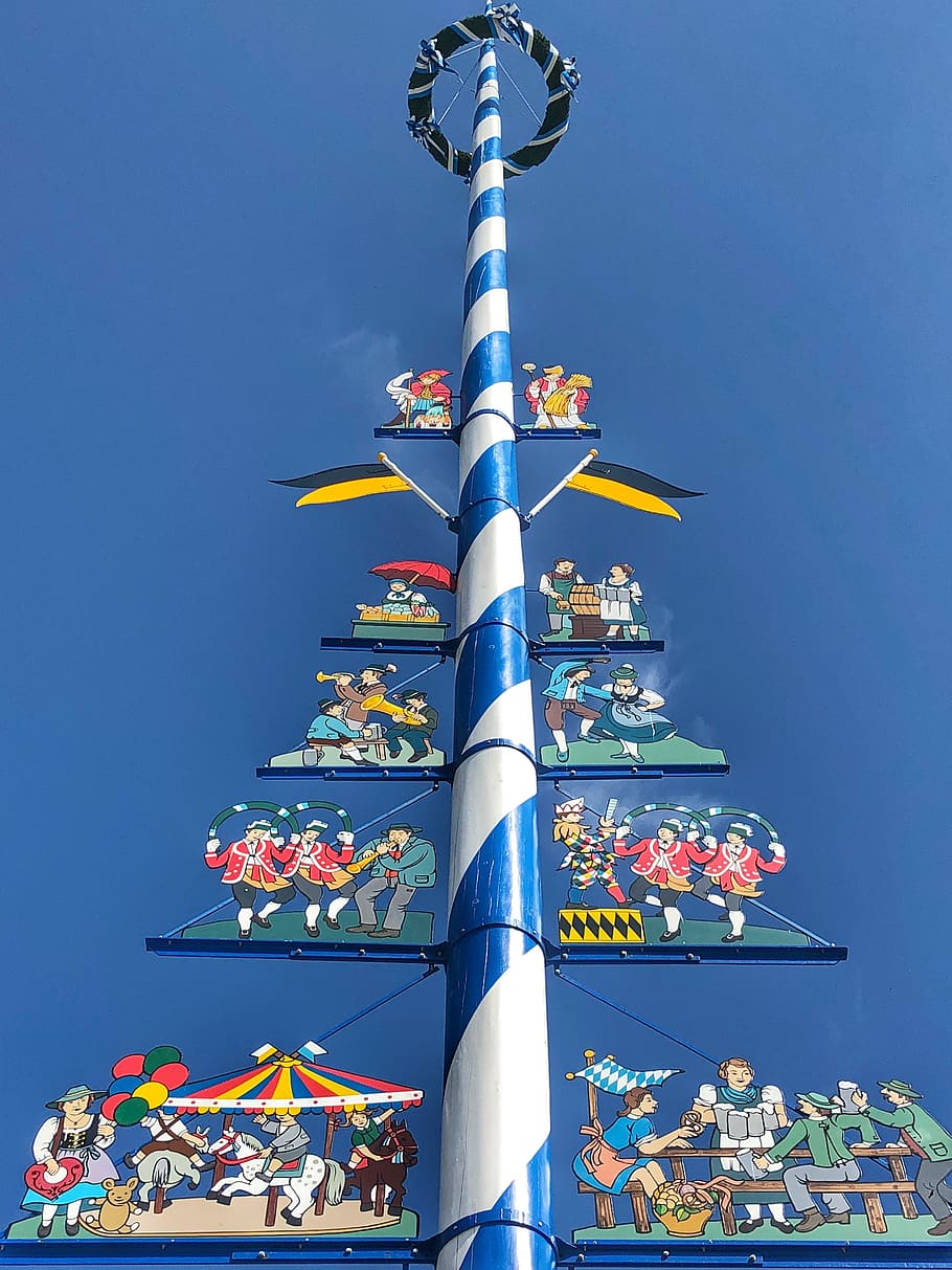 vertical, maypole, munich, tradition, sky, low angle view, multi colored HD wallpaper