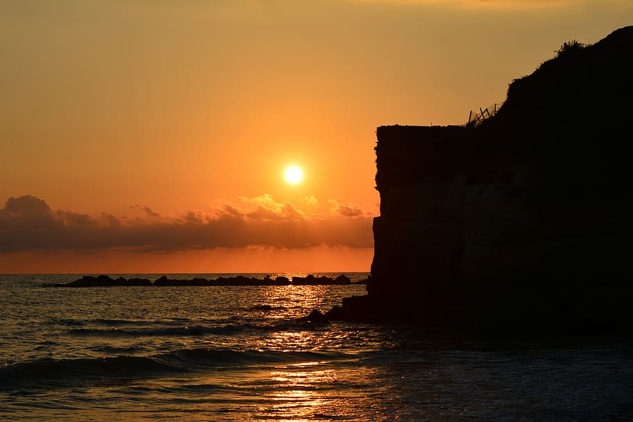 Beach, Sunset, Waves, Water, sea, orange color, silhouette HD wallpaper