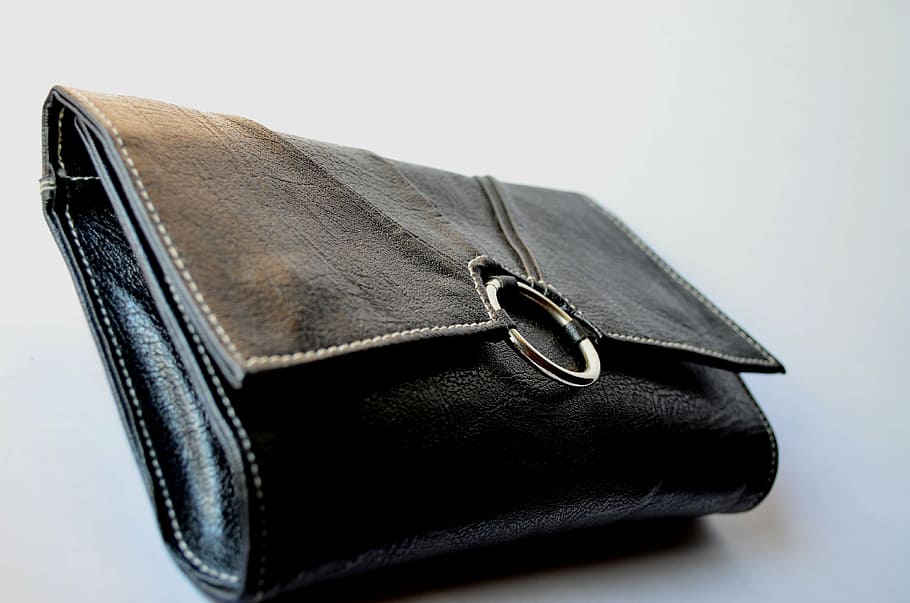 black leather long-wallet, purse, clutch, handbag, fashion, accessory