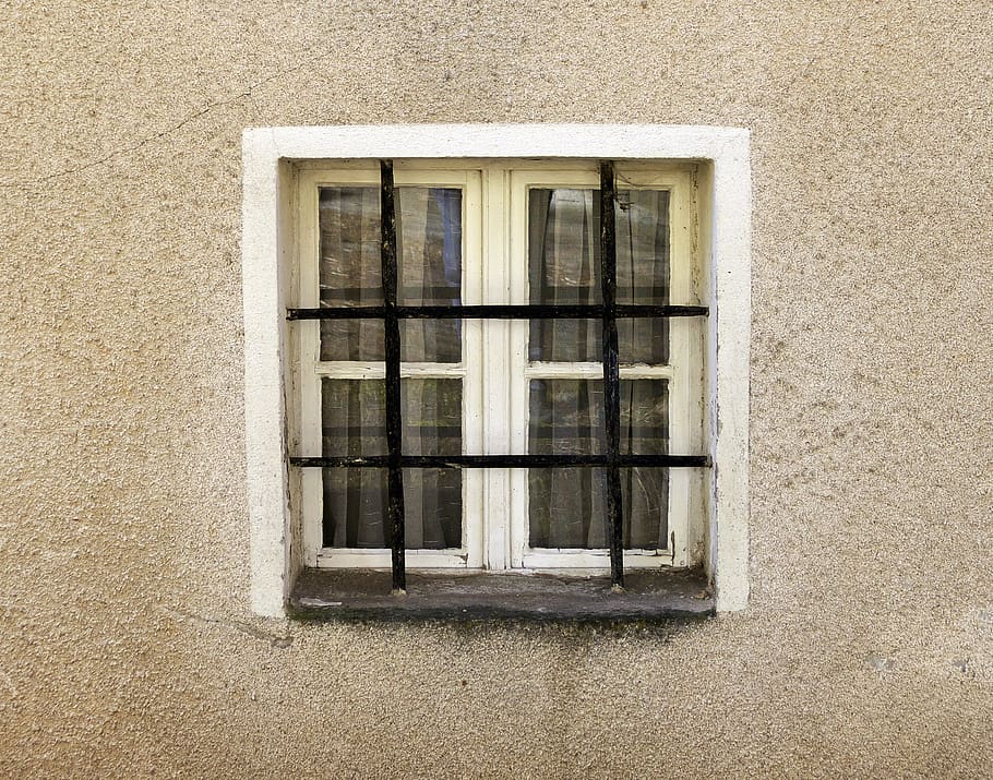 facade, grid, window, grate, iron railings, burglar alarm, old window