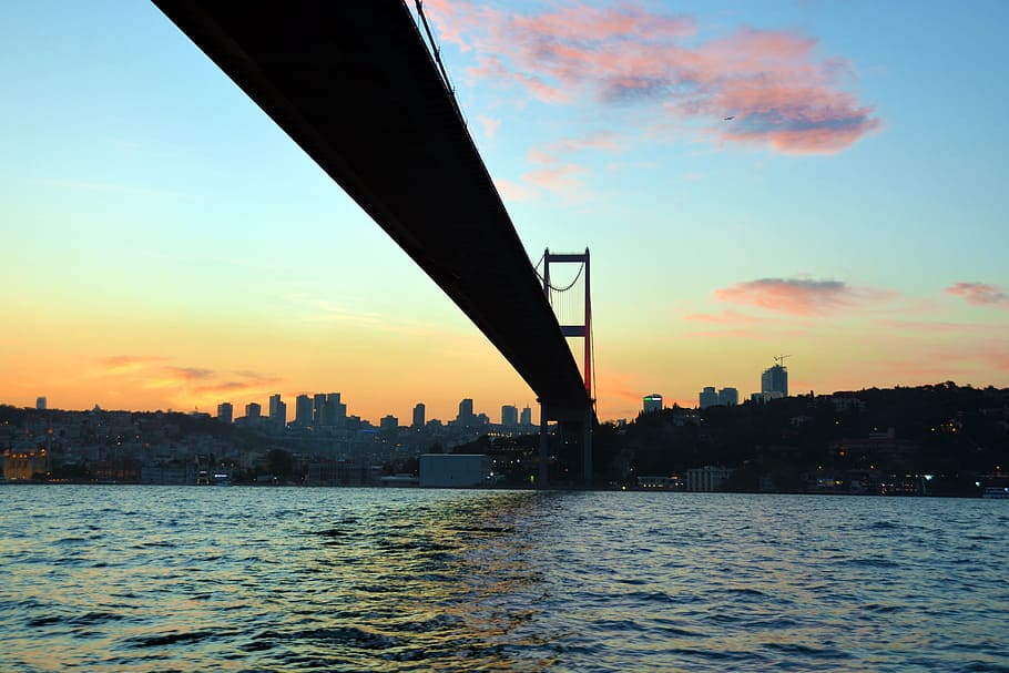 Bridge, Istanbul, Turkey, Sunset, Europe, sea, tourism, city, HD wallpaper