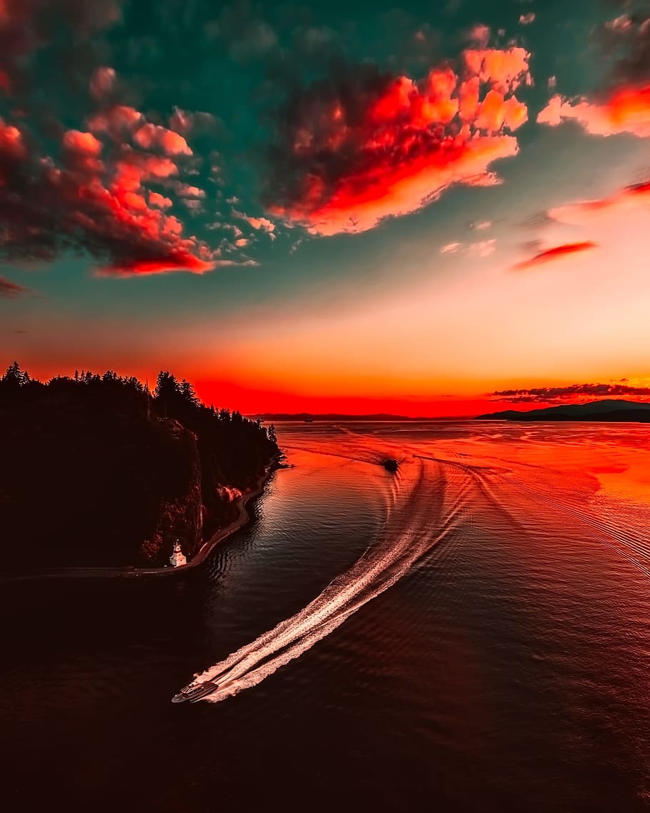 boat, trees and clouds during sunset, dusk, sea, ocean, water HD wallpaper