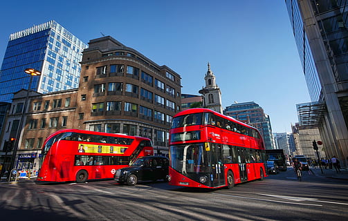 two red double-deck buses near building, london, junction, downtown HD wallpaper