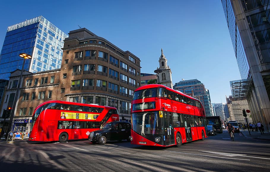two red double-deck buses near building, london, junction, downtown HD wallpaper