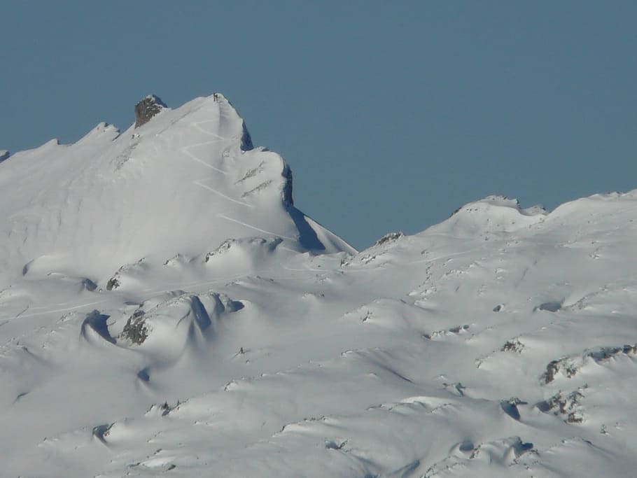 Mountain, Summit, Skiing, Departure, trace, zig zag, away, top HD wallpaper