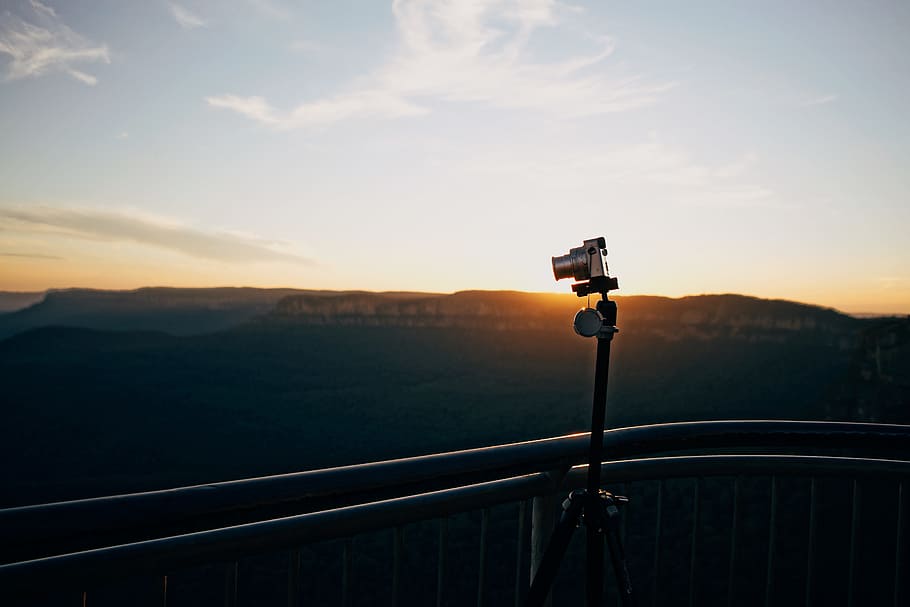 gray DSLR camera on tripod near railing, BLUE MOUNTAINS, sunset HD wallpaper
