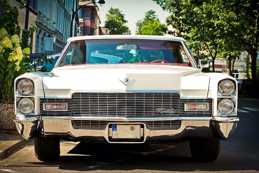 classic white car near building, auto, cadillac, oldtimer, vehicle, HD wallpaper