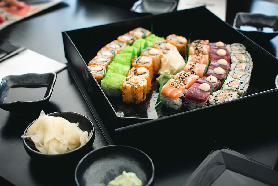 Colorful sushi in a black box, fish, japanese, Malta, rice, food, HD wallpaper