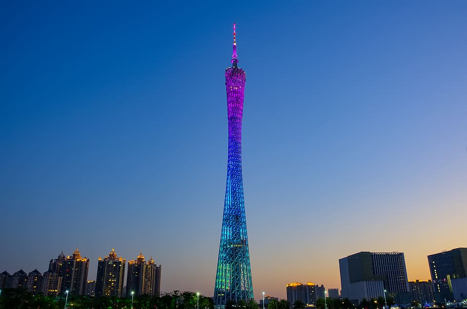 structural photography of purple and blue building under blue sky HD wallpaper