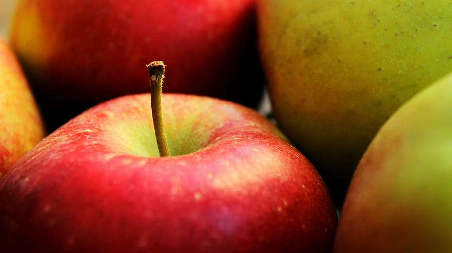 red and green apple close-up photo, fruit, eat, cultivation, live, HD wallpaper