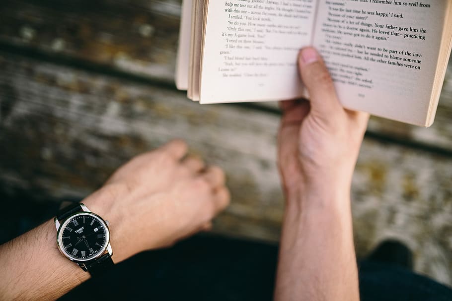 Reading book at lake, people, summer, opened notebook, time, old pier, HD wallpaper