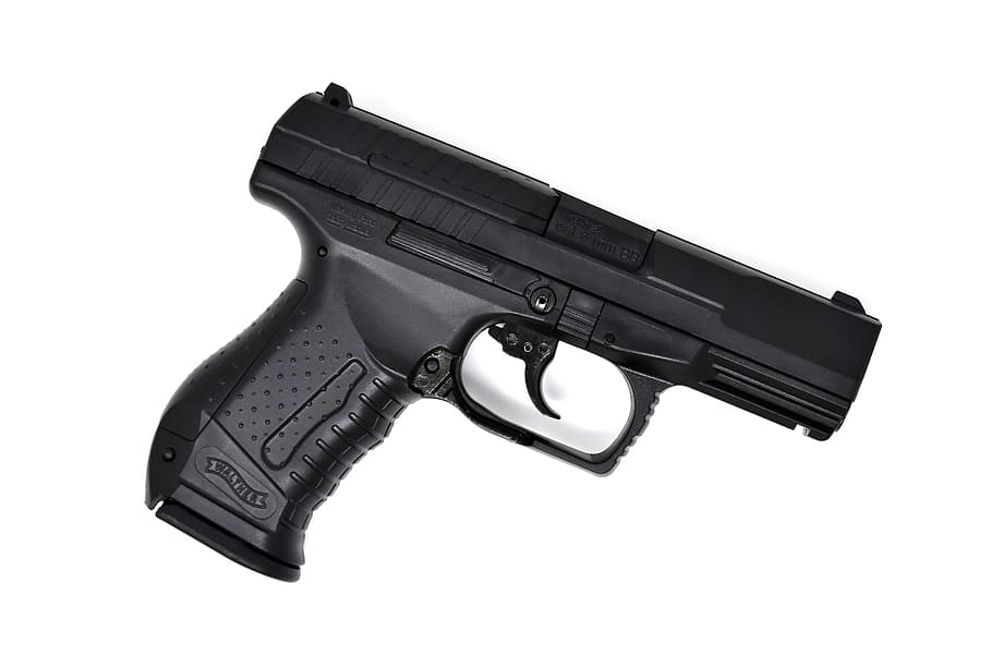 black semi-automatic pistol with white background, sport, airsoft