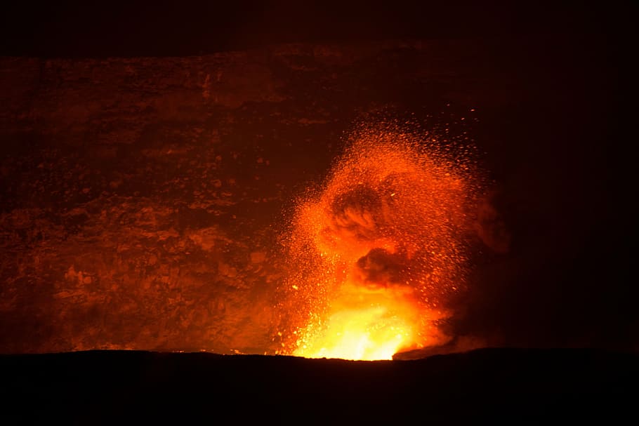volcano, lava, flowing, eruption, landscape, active, hot, geological