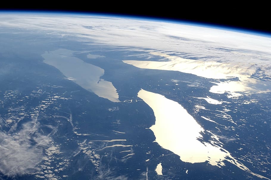 outerspace photography of earth, view, cosmos, canada, usa, great lakes