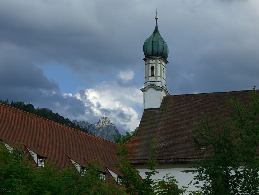 mountain, säuling, light, dark, clouds, church, franciscan church HD wallpaper