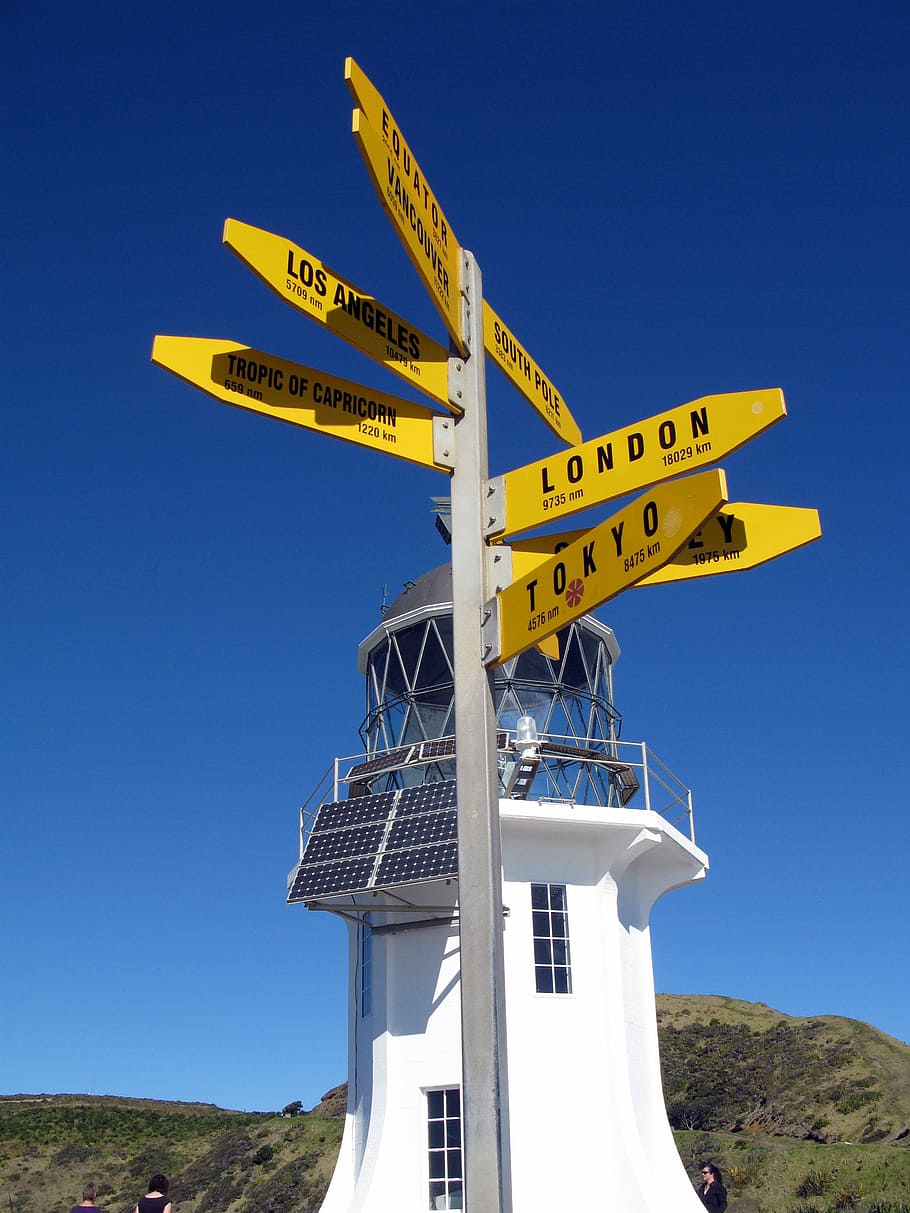 direction, lighthouse, cape reinga, sky, clear sky, nature HD wallpaper