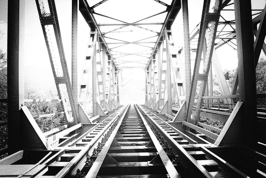 grayscale photo of train rail, bridge, structure, engineering HD wallpaper