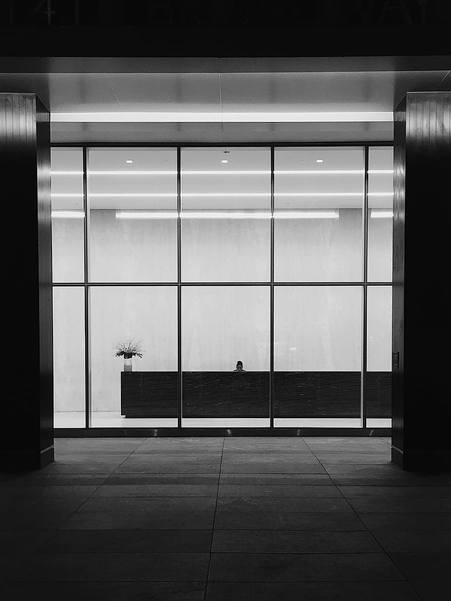 grayscaled photo of room, grayscale photo of building with glass wall HD wallpaper