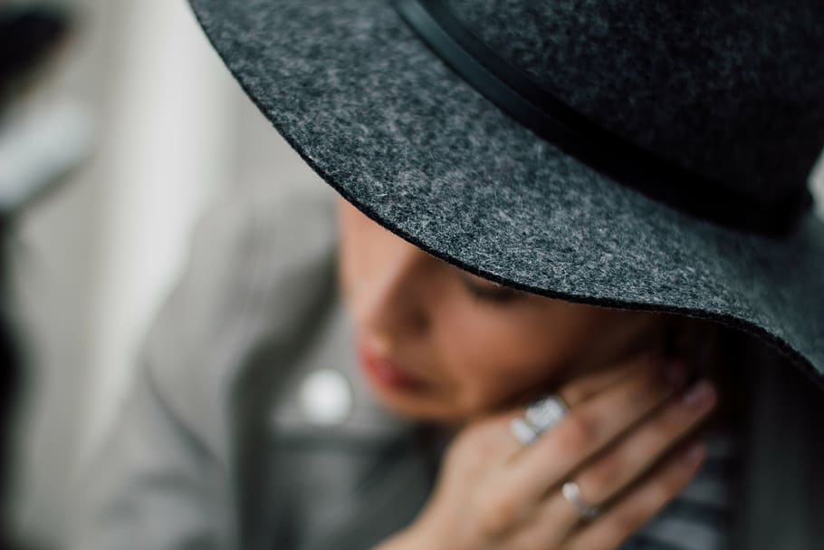 woman with gray sun hat close-up photography, wearing, person