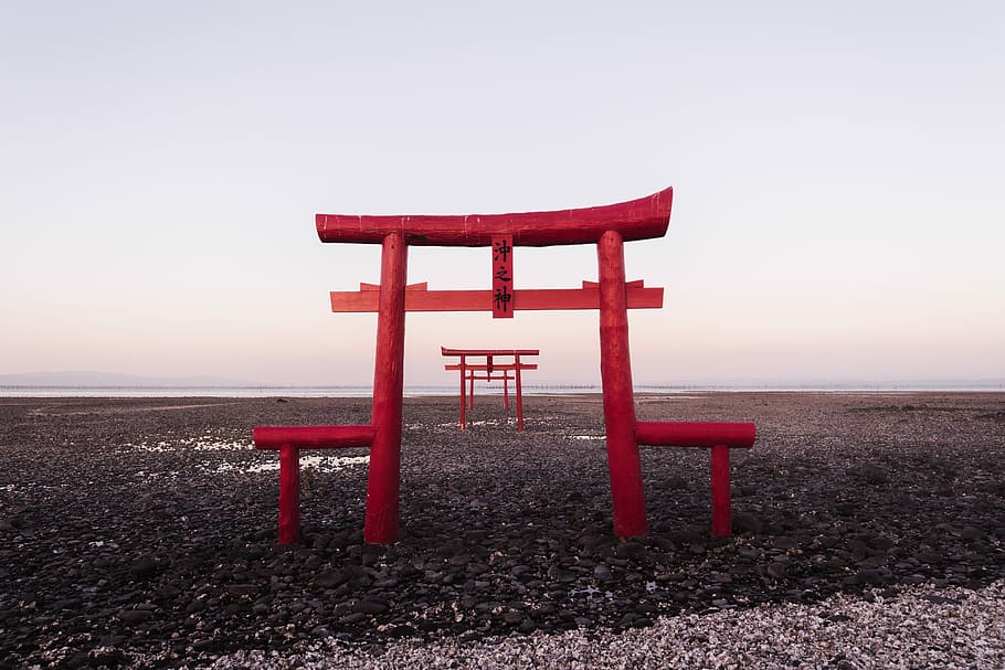 Tori Gate, red Arc landmark, monument, beach, sea, ocean, water HD wallpaper