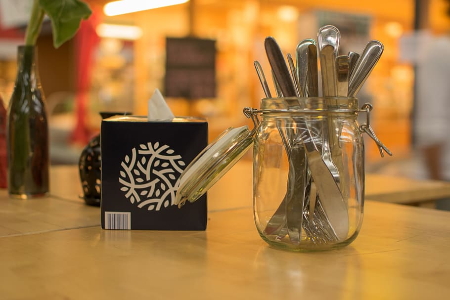 cutlery, glass, box, arranged, knife, jar, napkins, cover, table