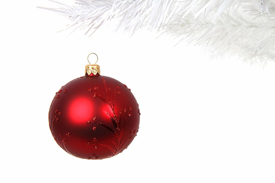 red bauble ornament, ball, branch, celebration, christmas, decoration HD wallpaper