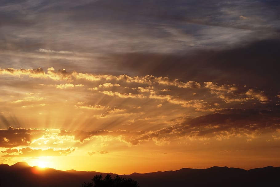 orange and white cloudy skies at sunset, dawn, daybreak, sky HD wallpaper