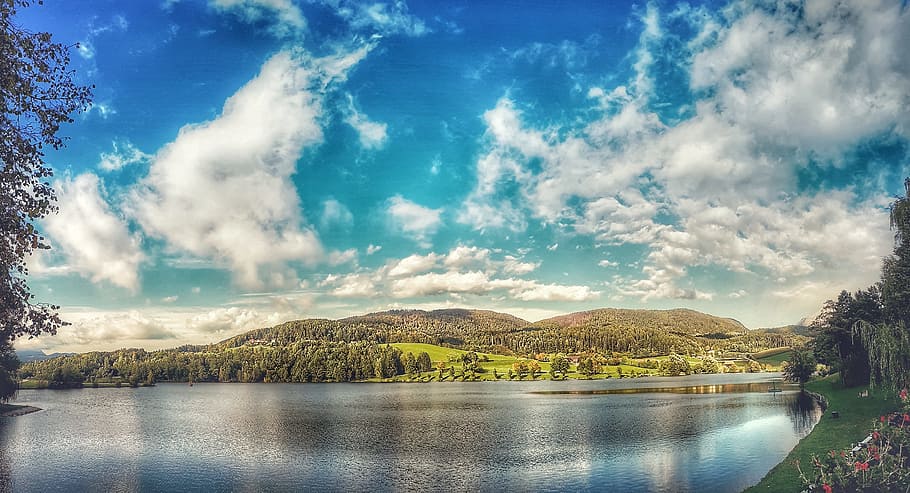 dawn, landscape, nature, sky, clouds, dusk, lake, mountain, outdoors HD wallpaper