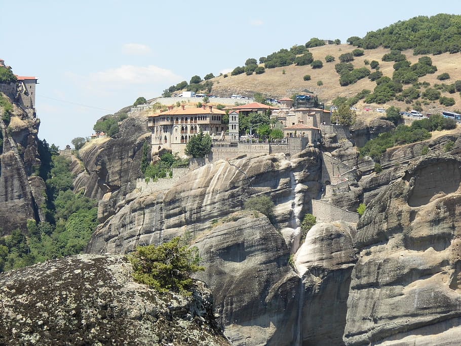 meteora, monastery, mountain, landscape, rock, greece, nature HD wallpaper