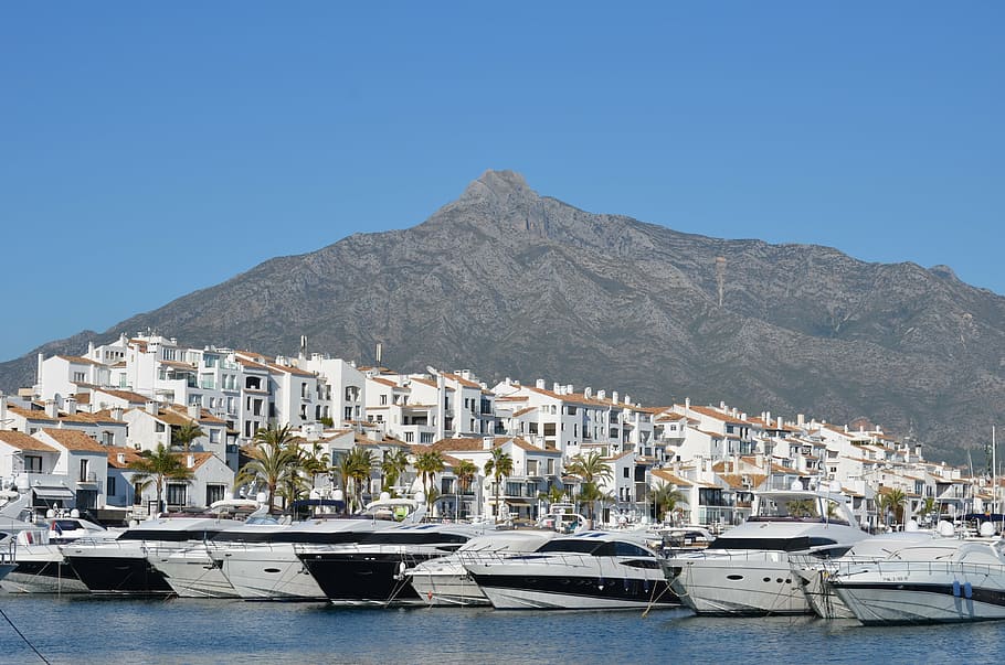 white speedboats floating on water, puerto banus, marbella, port, HD wallpaper
