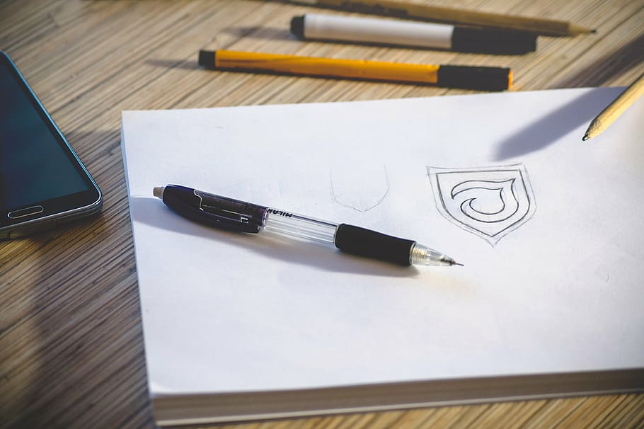 black click pen on white book, desk, workspace, pencil, paper HD wallpaper