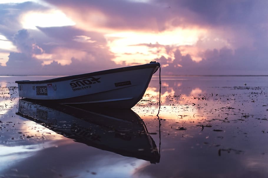 grey jon boat on body of water, cloud, sunset, sunrise, reflection
