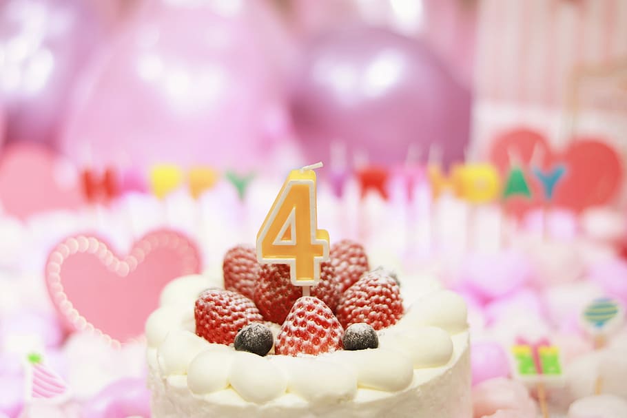 soft focus photography of 4 candle on strawberry cake, dessert HD wallpaper