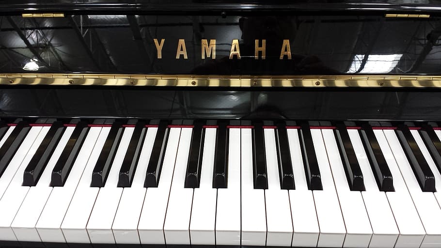 black Yamaha piano, keyboard, music, musical, instrument, white
