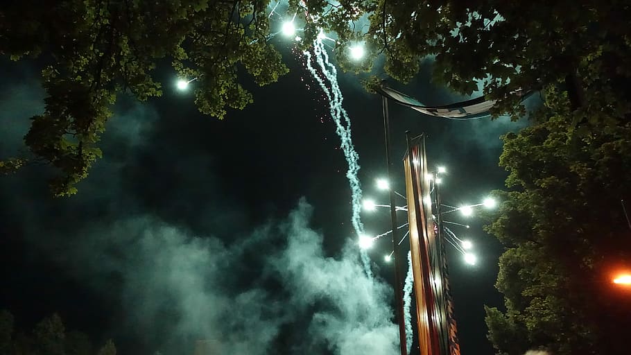 Fireworks, Rocket, Sylvester, Tracer, night, illuminated, tree HD wallpaper