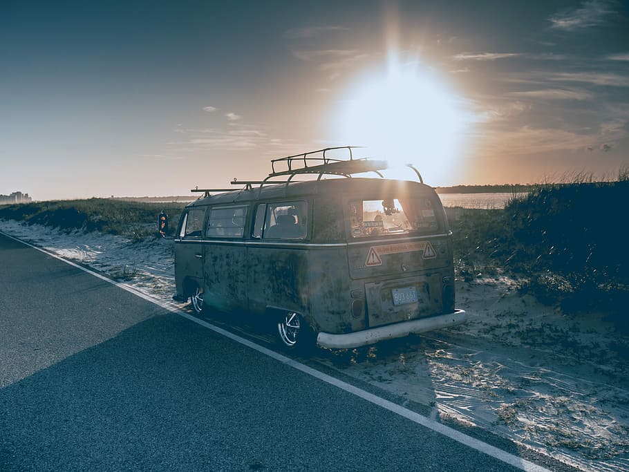 gray van parked beside road during daytime, unused vehicle on sand, HD wallpaper